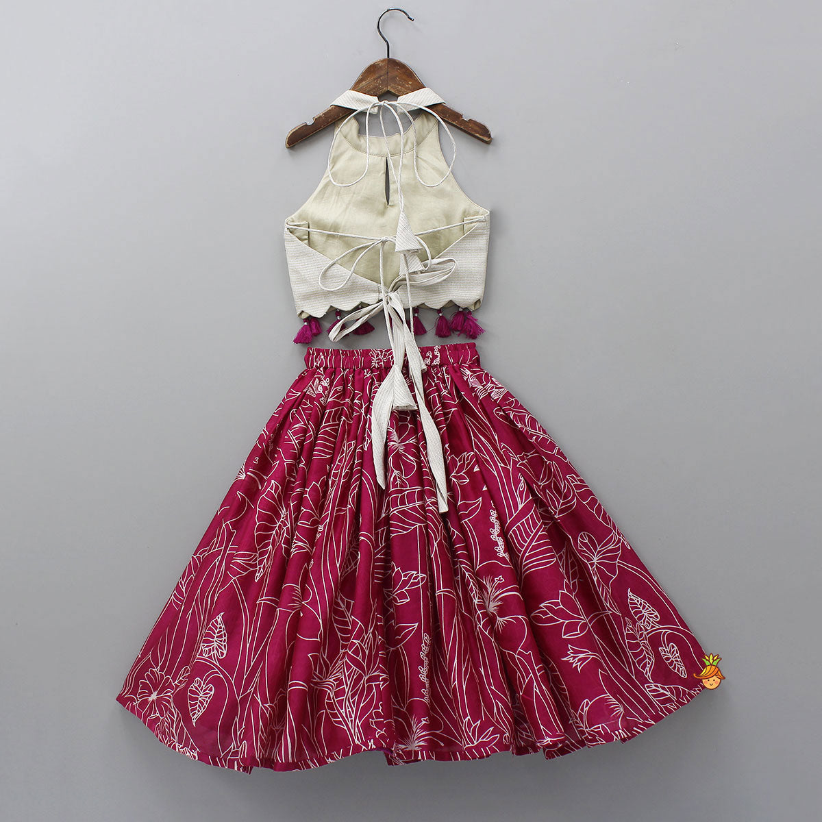 Halter Neck Fringe Detailed Top With Printed Lehenga