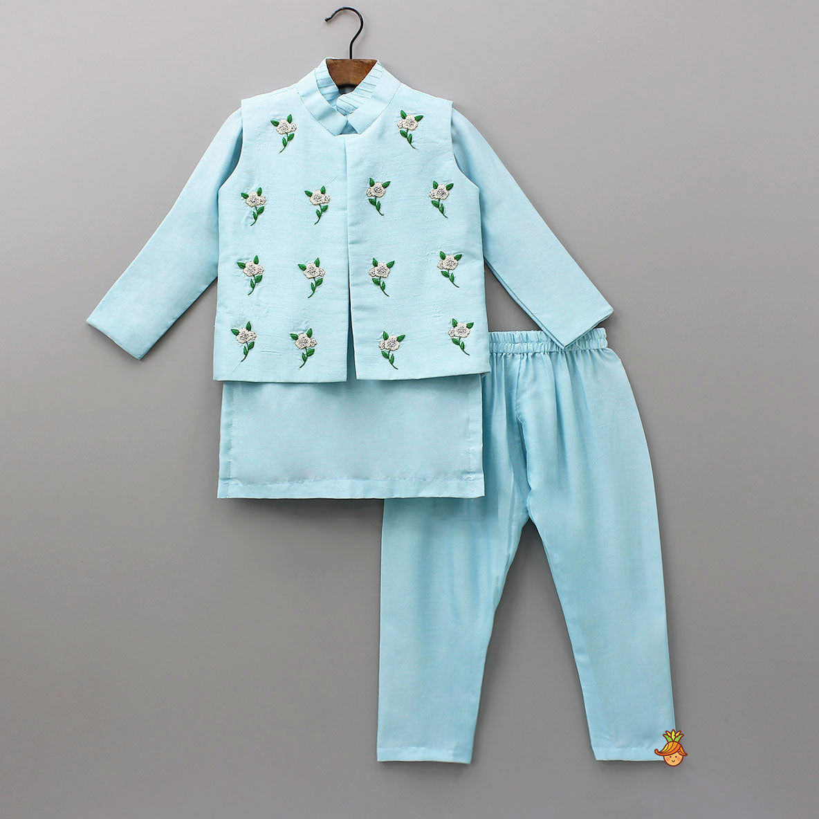 Pin Tuck Kurta With Floral Embroidered Jacket And Pyjama