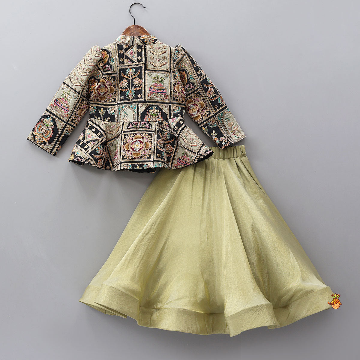 Ethnic Floral Printed And Embroidered Peplum Top With Lehenga