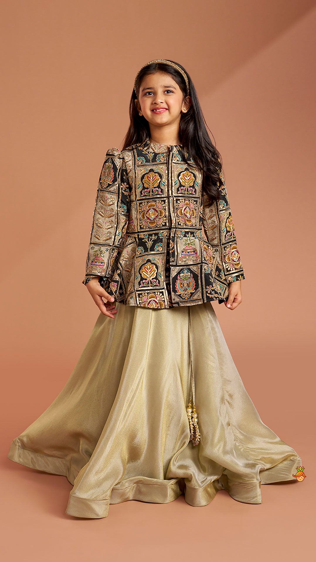 Ethnic Floral Printed And Embroidered Peplum Top With Lehenga
