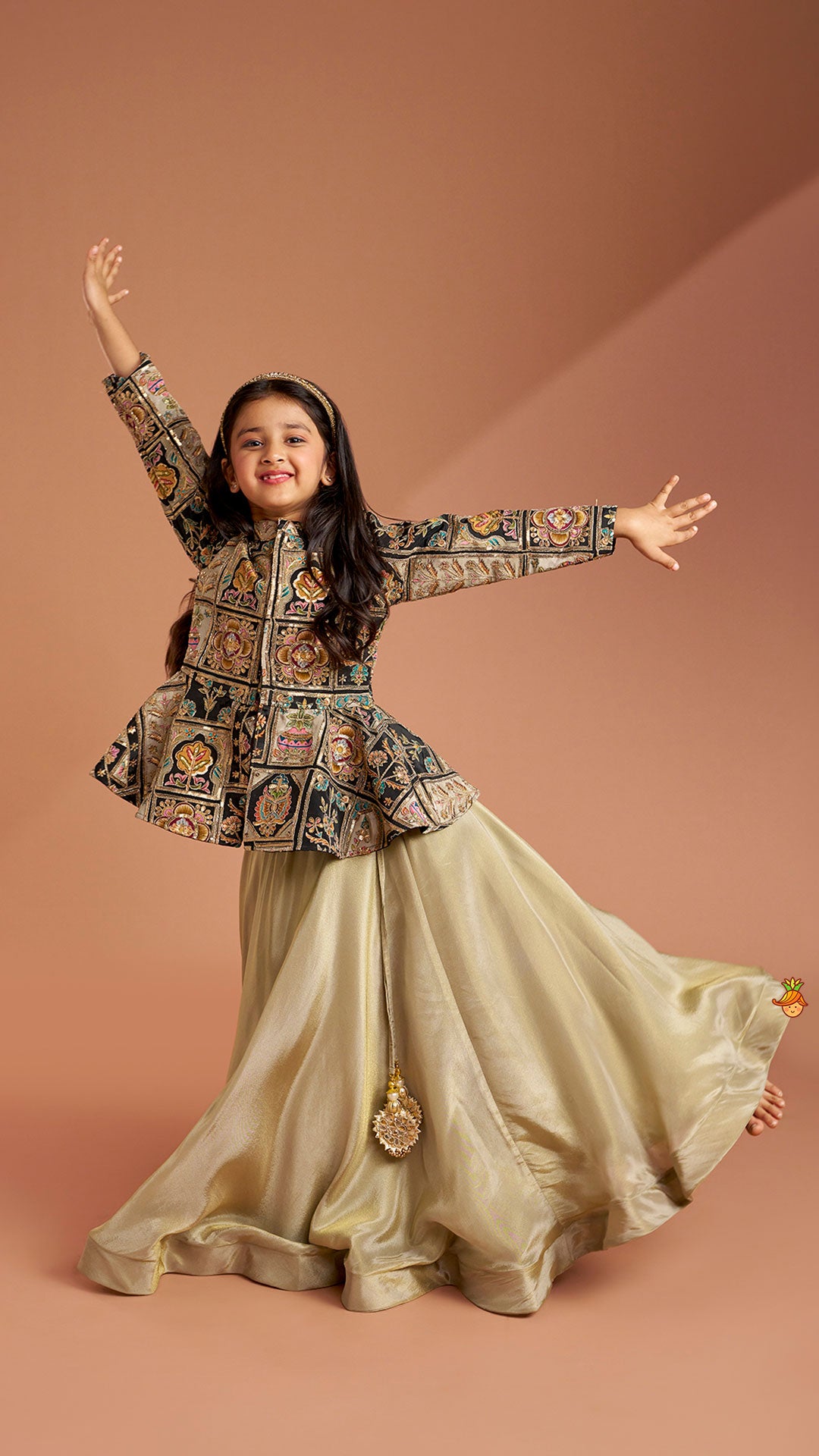 Ethnic Floral Printed And Embroidered Peplum Top With Lehenga