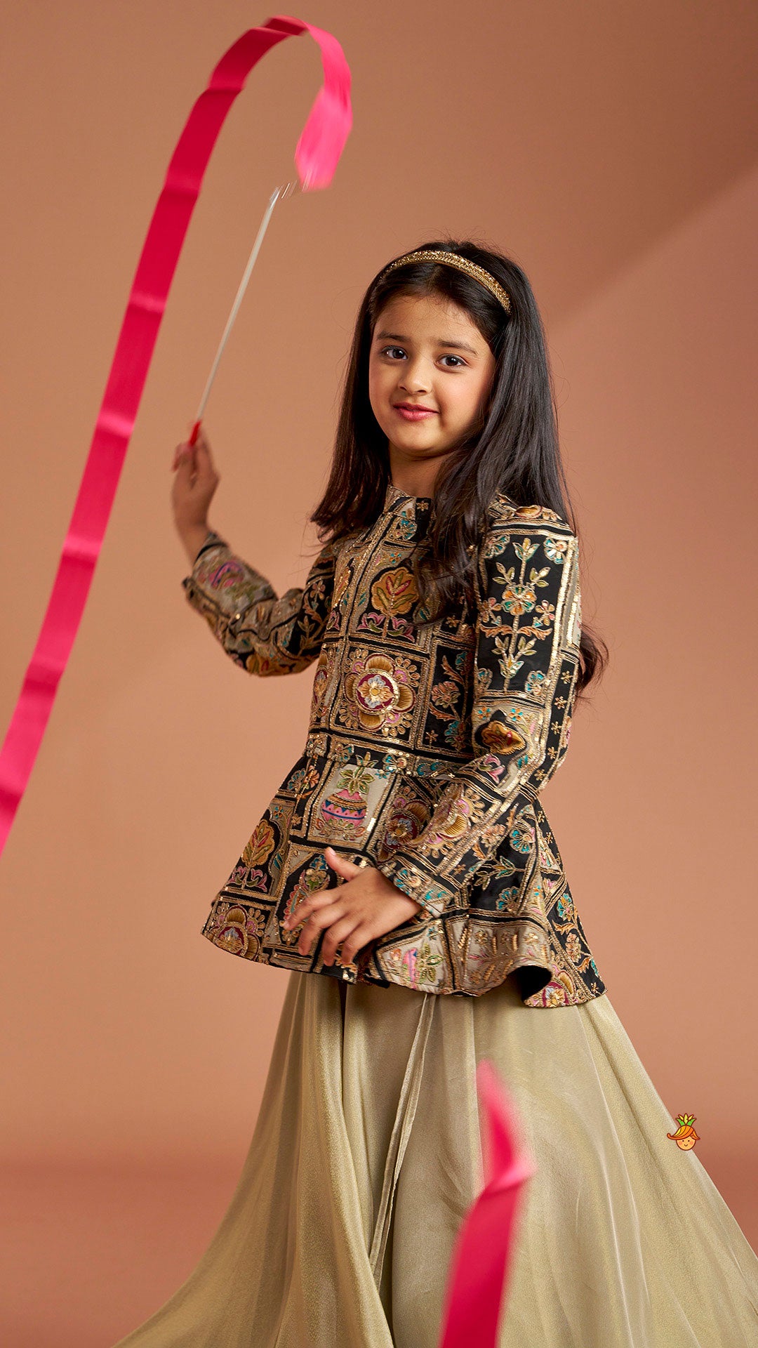 Ethnic Floral Printed And Embroidered Peplum Top With Lehenga