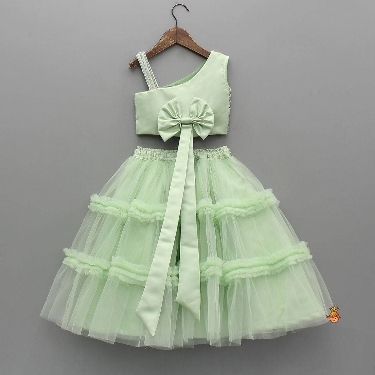 Shiny Lace Work One Shoulder Top And Ruffle Lehenga