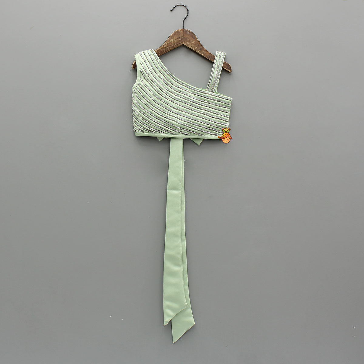 Shiny Lace Work One Shoulder Top And Ruffle Lehenga