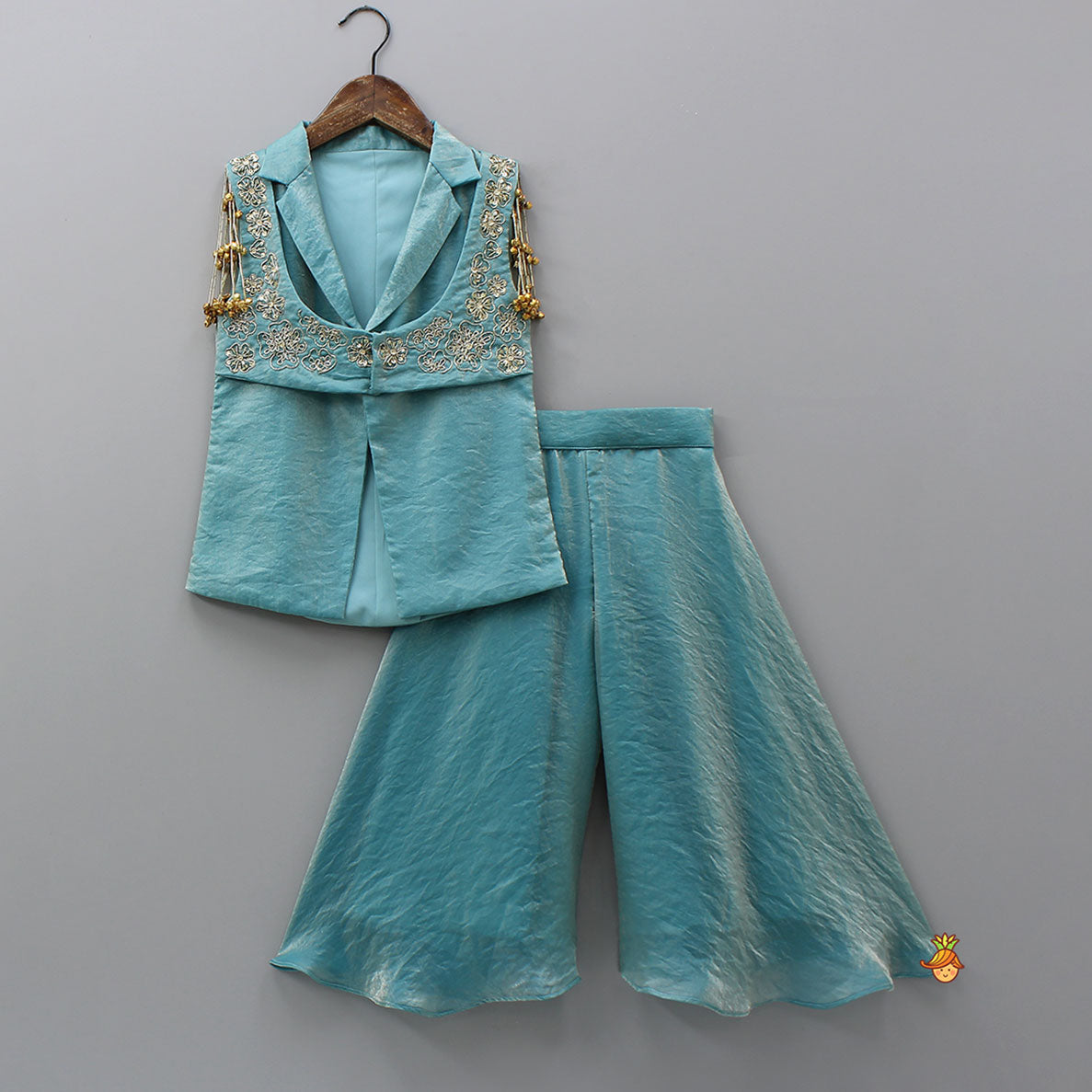 Notched Collar Jacket-Style Sheen Kurti And Palazzo