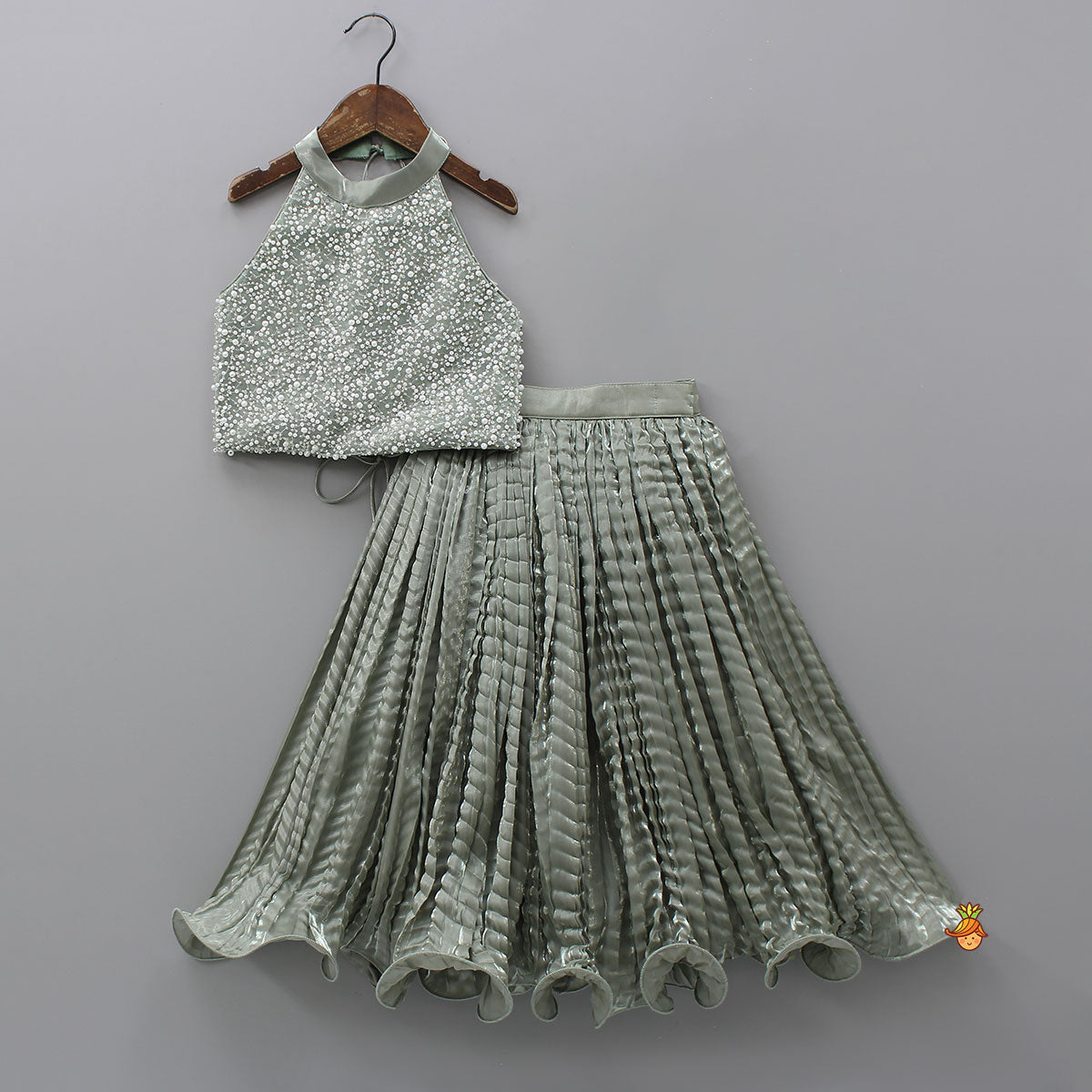 Gorgeous Open-Back Top And Crushed Lehenga With Wrist Cuff