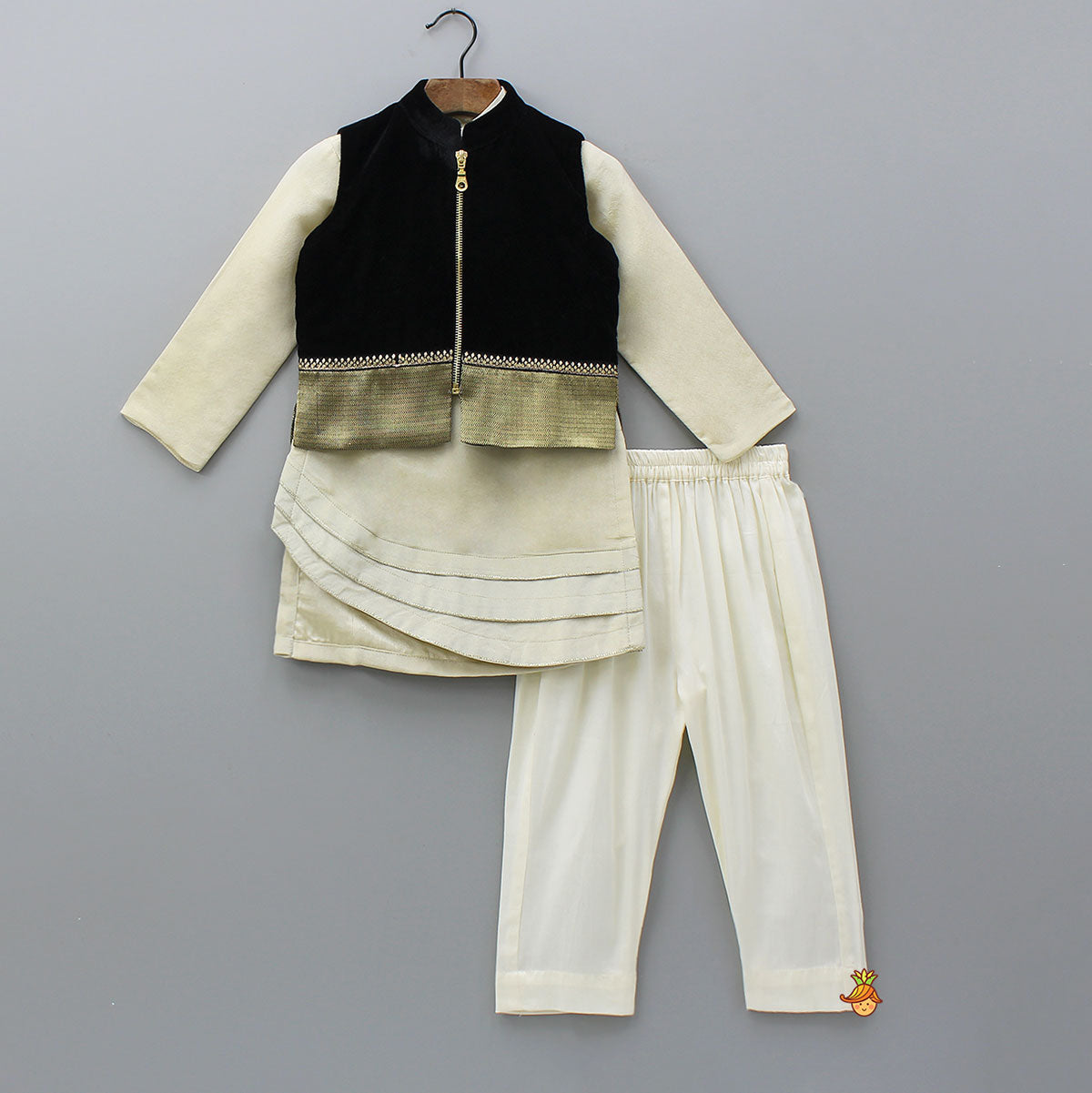 Shimmery Stylish Cut Hem Kurta With Velvet Jacket And Pyjama