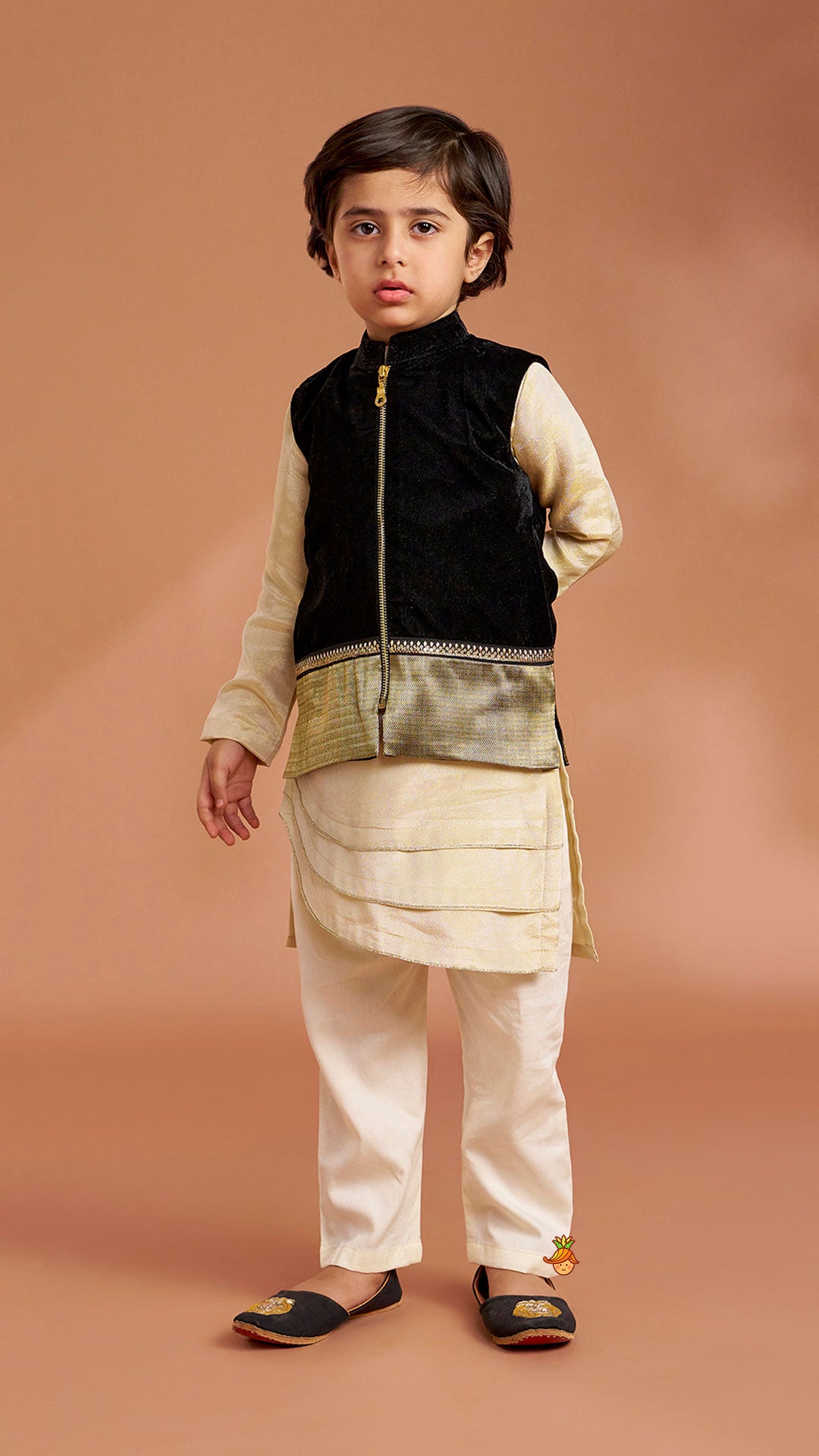 Shimmery Stylish Cut Hem Kurta With Velvet Jacket And Pyjama