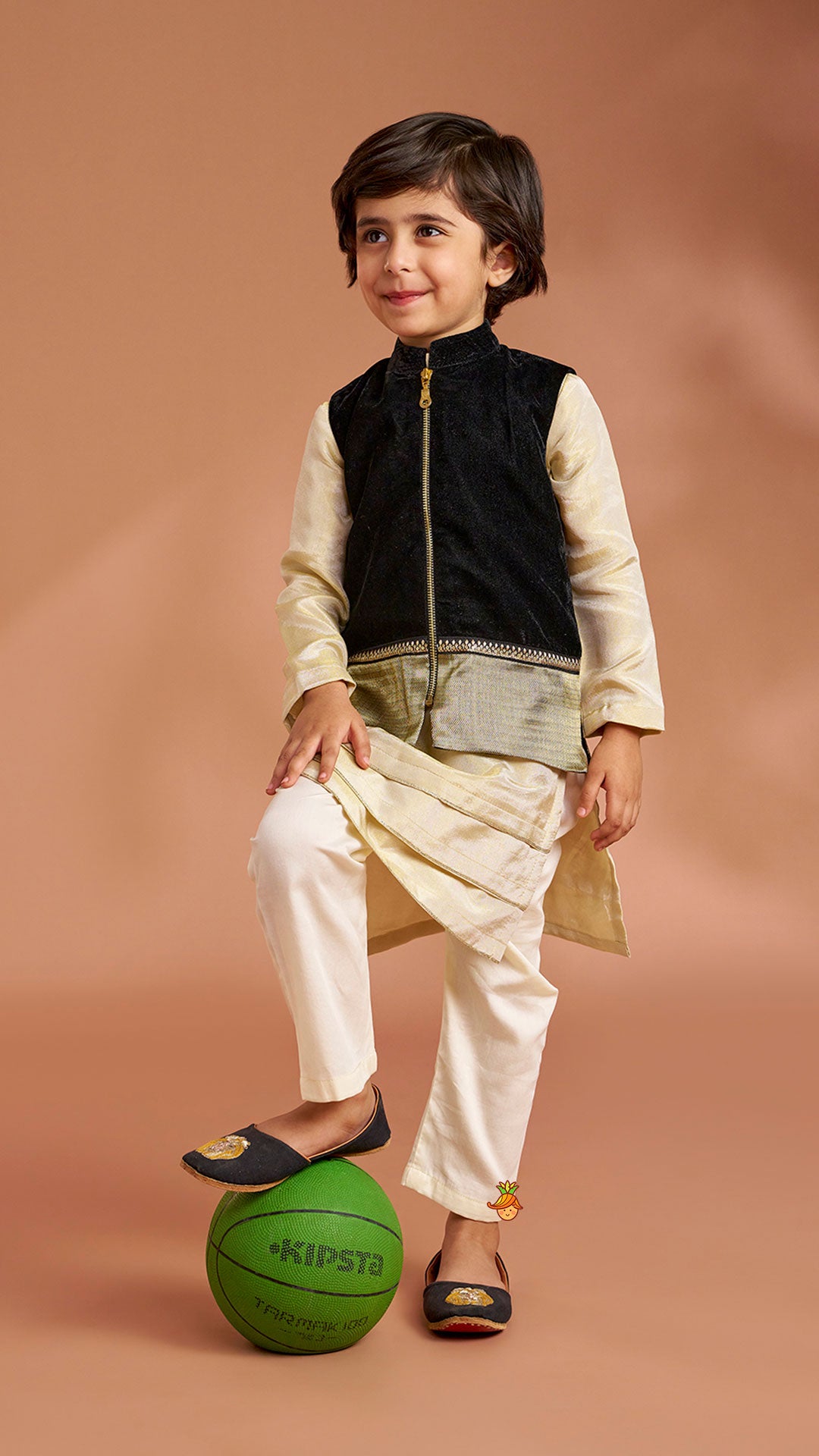 Shimmery Stylish Cut Hem Kurta With Velvet Jacket And Pyjama