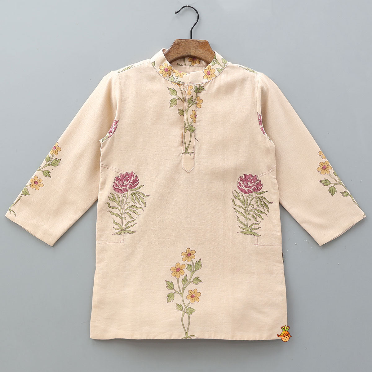 Ethnic Floral Printed Kurta With Pocket Detail Jacket And Pyjama