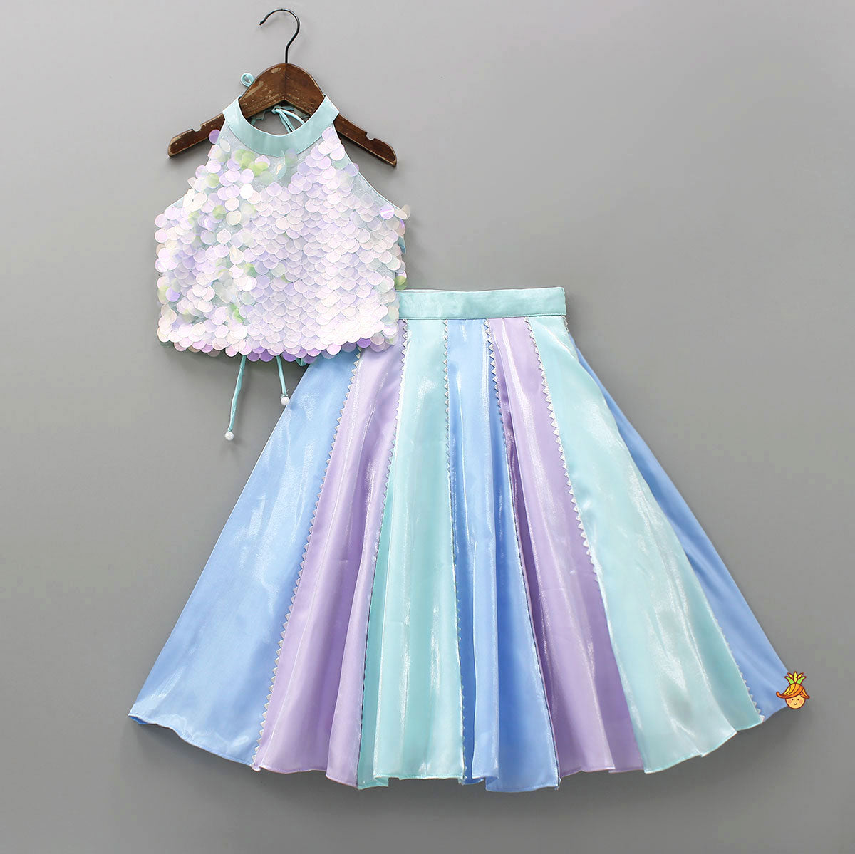 Sequined Halter Neck Top And Multicolour Shiny Lehenga With Net Dupatta