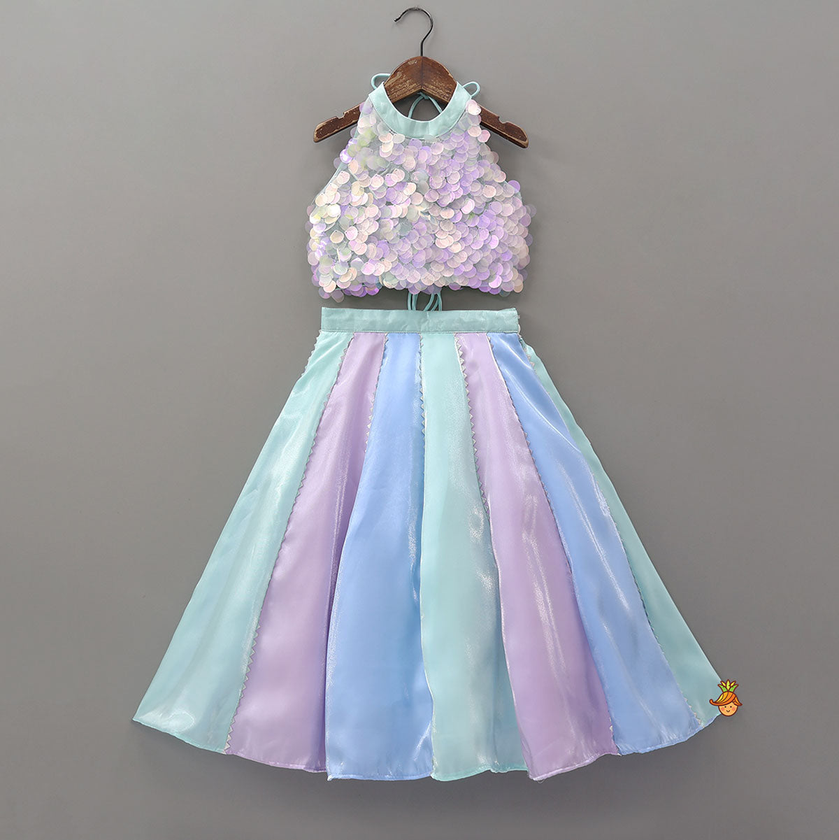 Sequined Halter Neck Top And Multicolour Shiny Lehenga With Net Dupatta