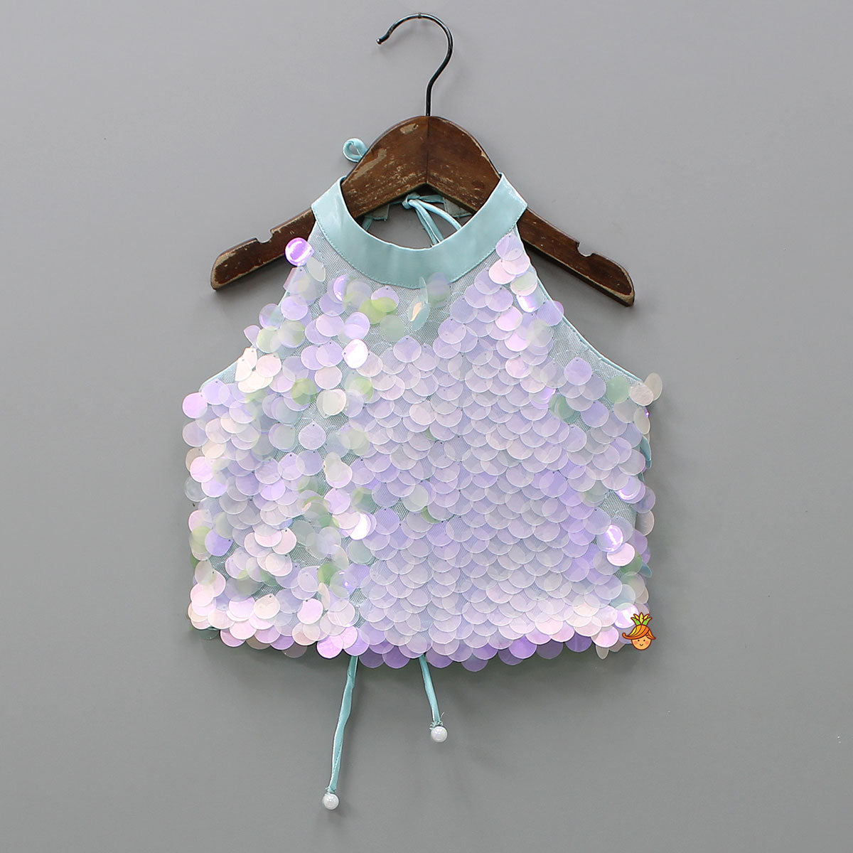 Sequined Halter Neck Top And Multicolour Lehenga With Net Dupatta