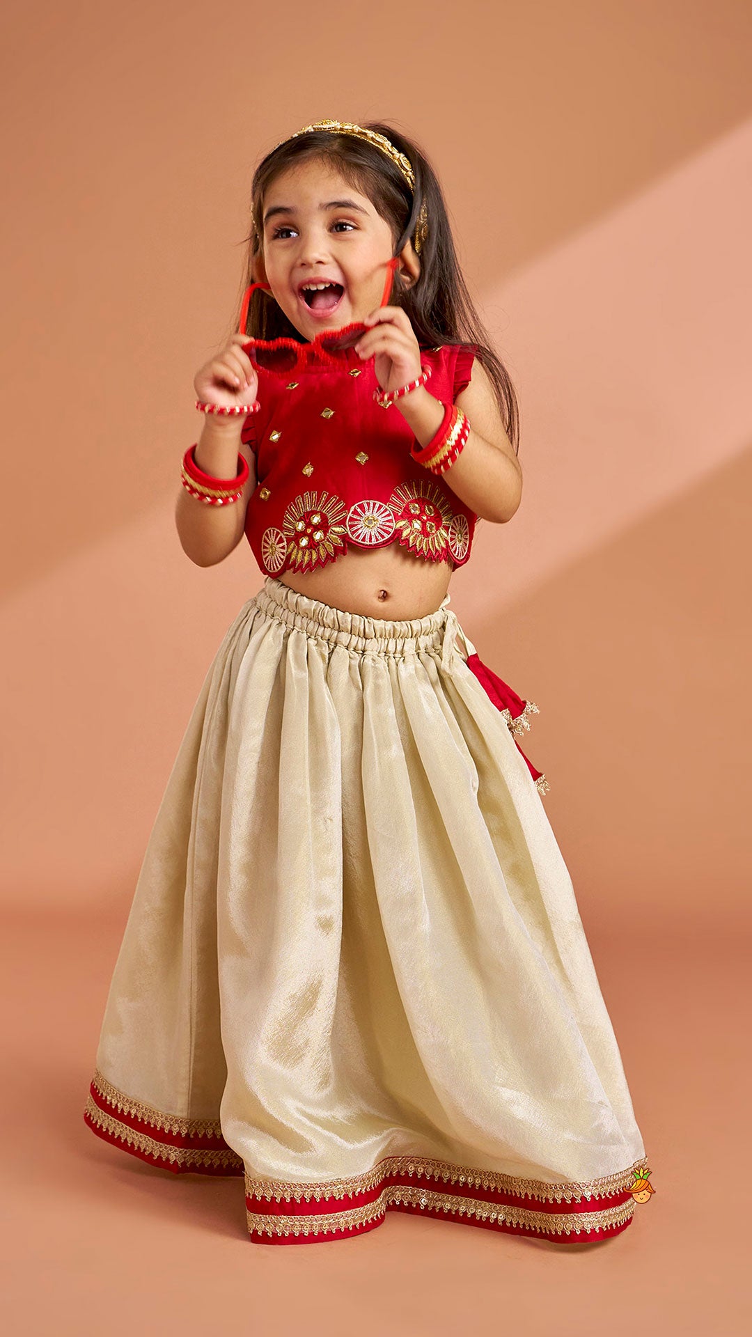 Mirror Work Pleated Crop Top And Shimmery Lehenga