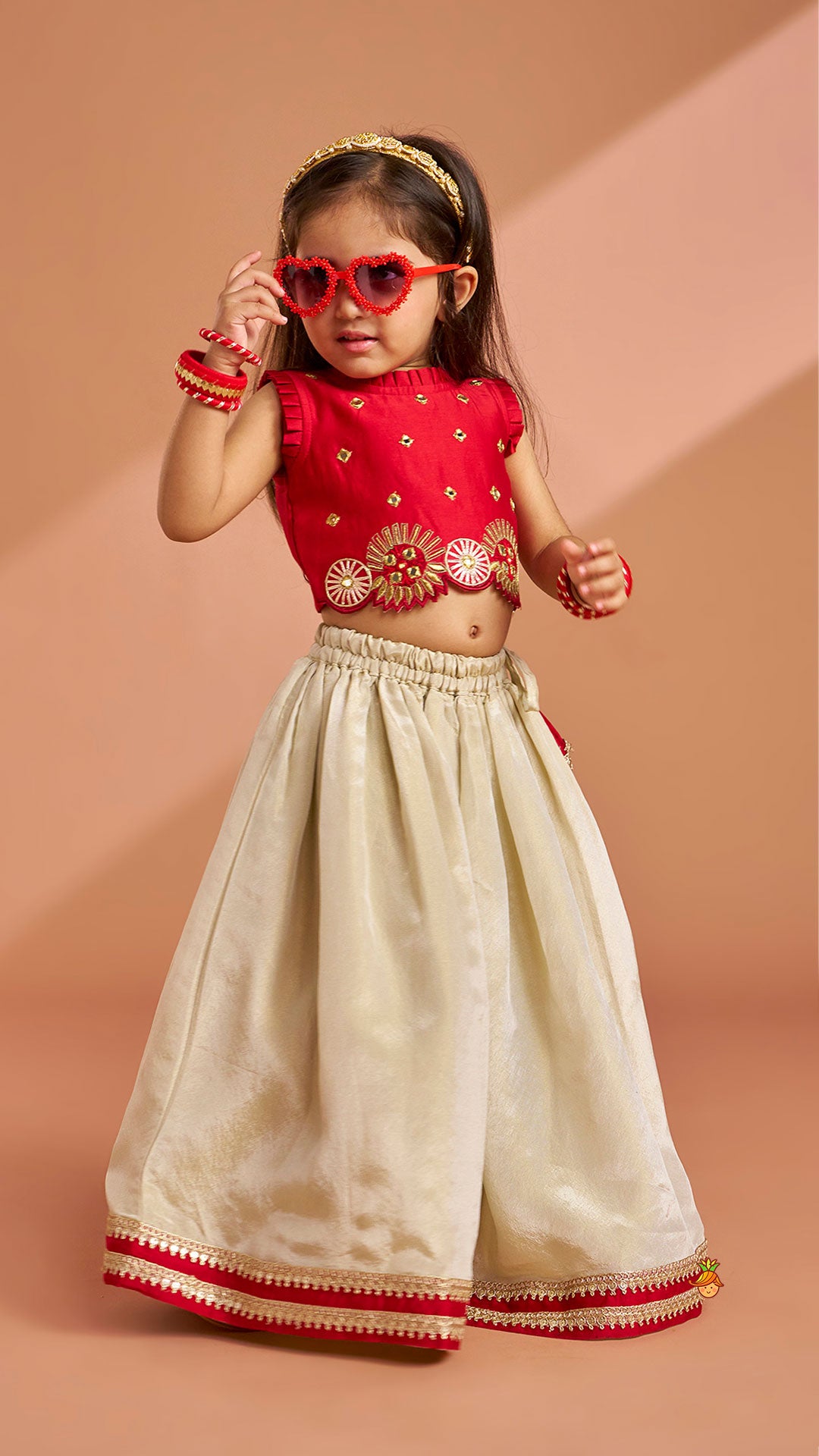 Mirror Work Pleated Crop Top And Shimmery Lehenga