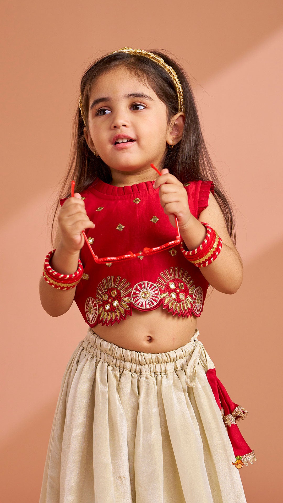Mirror Work Pleated Crop Top And Shimmery Lehenga
