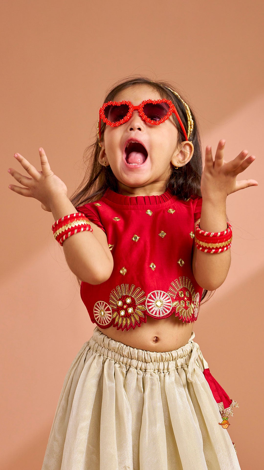 Mirror Work Pleated Crop Top And Shimmery Lehenga