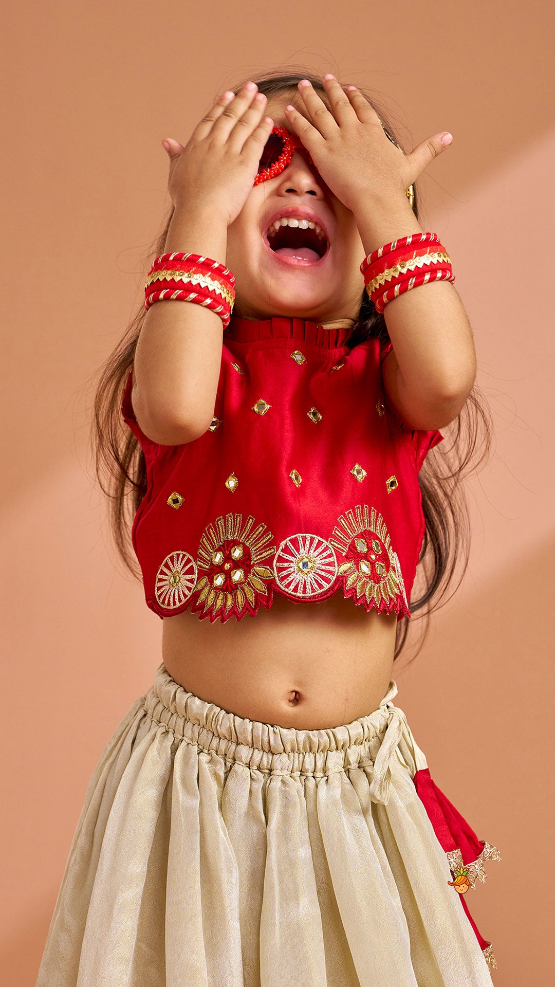 Mirror Work Pleated Crop Top And Shimmery Lehenga