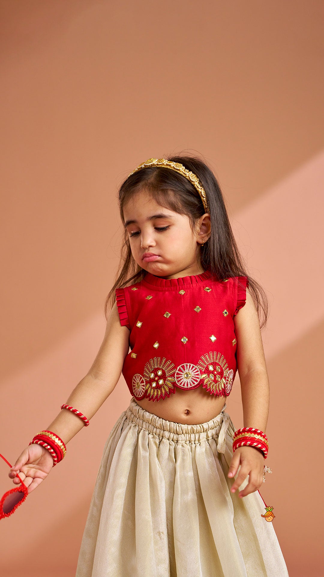Mirror Work Pleated Crop Top And Shimmery Lehenga