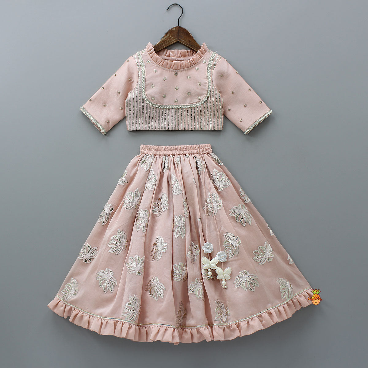 Frill-Enhanced Neckline Embroidered Top With Lehenga And Net Dupatta