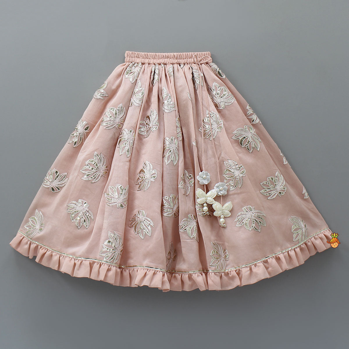 Frill-Enhanced Neckline Embroidered Top With Lehenga And Net Dupatta