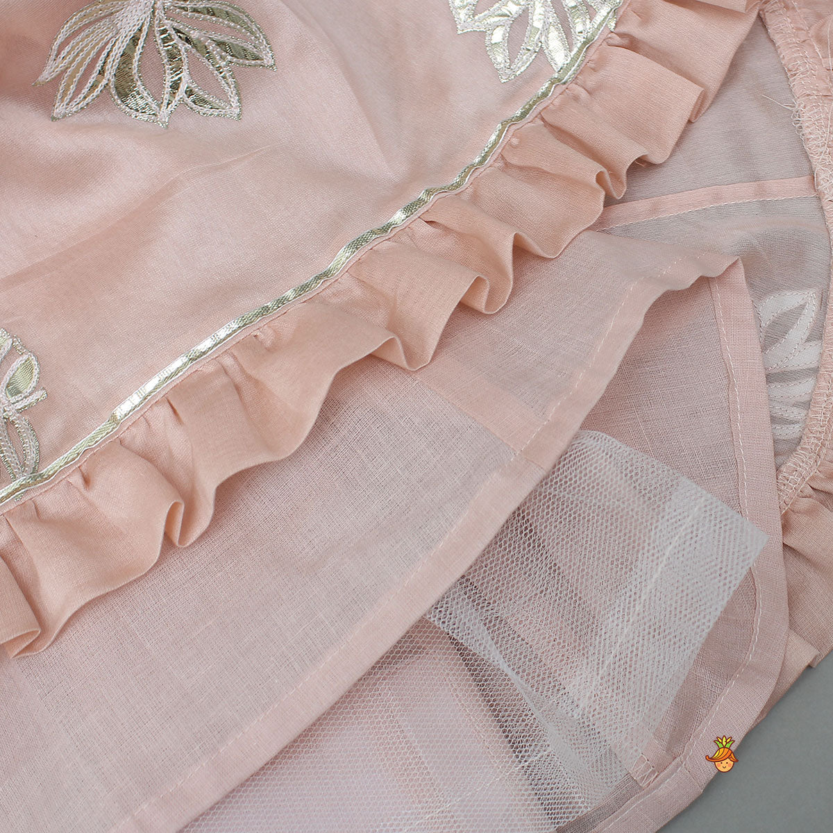 Frill-Enhanced Neckline Embroidered Top With Lehenga And Net Dupatta