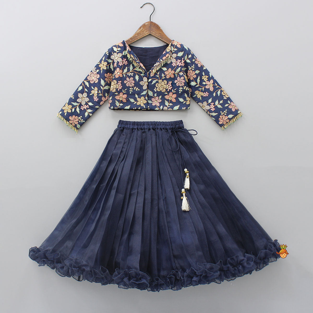 Front-Open Thread Embroidered Top And Pleated Lehenga