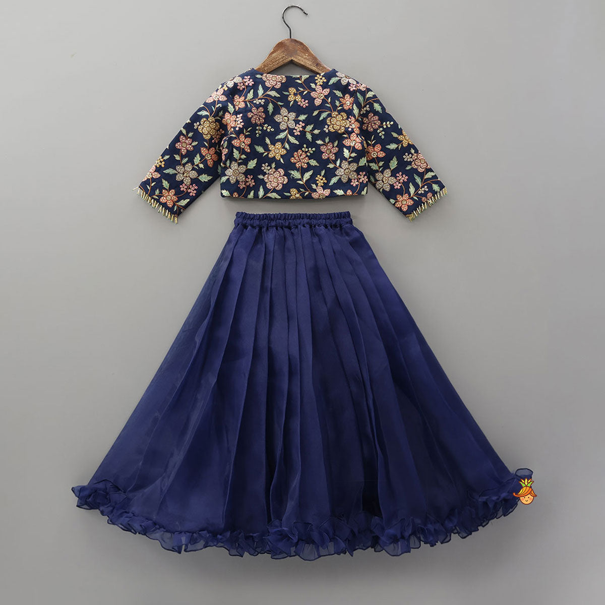 Inner Top With Front-Open Thread Embroidered Jacket And Pleated Lehenga