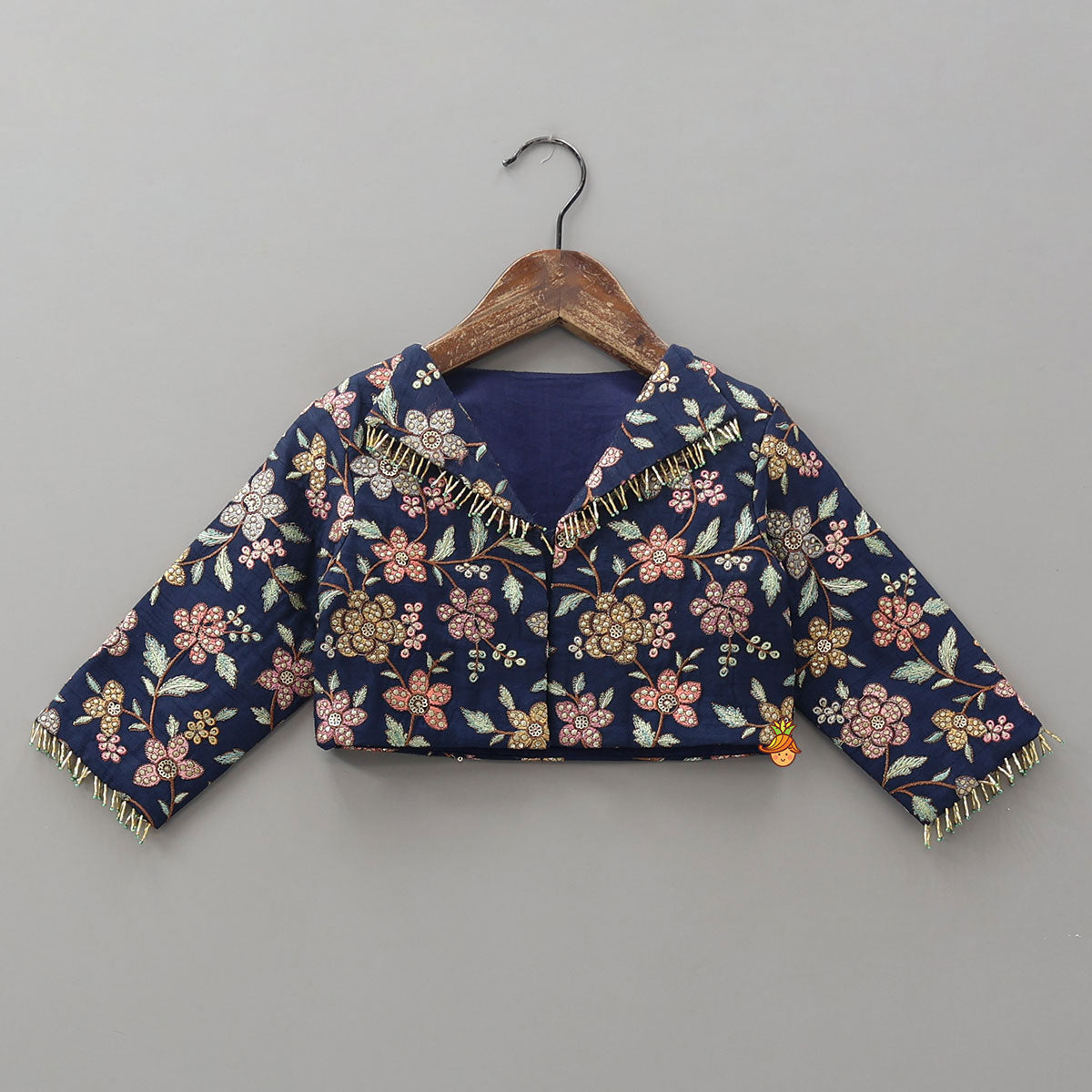 Inner Top With Front-Open Thread Embroidered Jacket And Pleated Lehenga