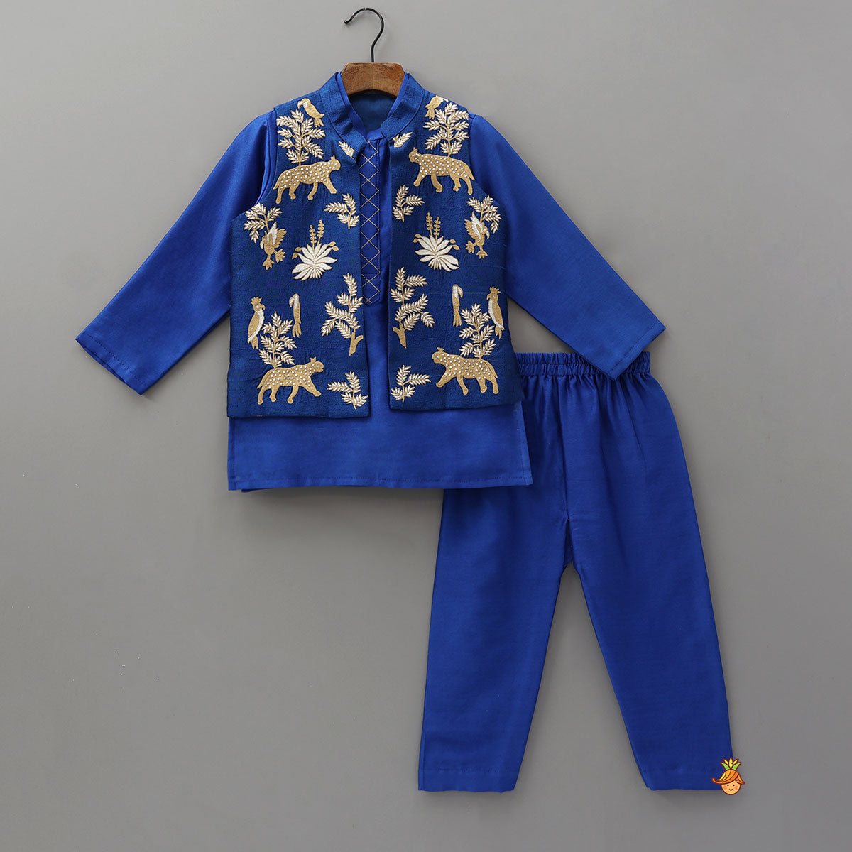 Embroidered Front-Panel Kurta With Open Jacket And Pyjama