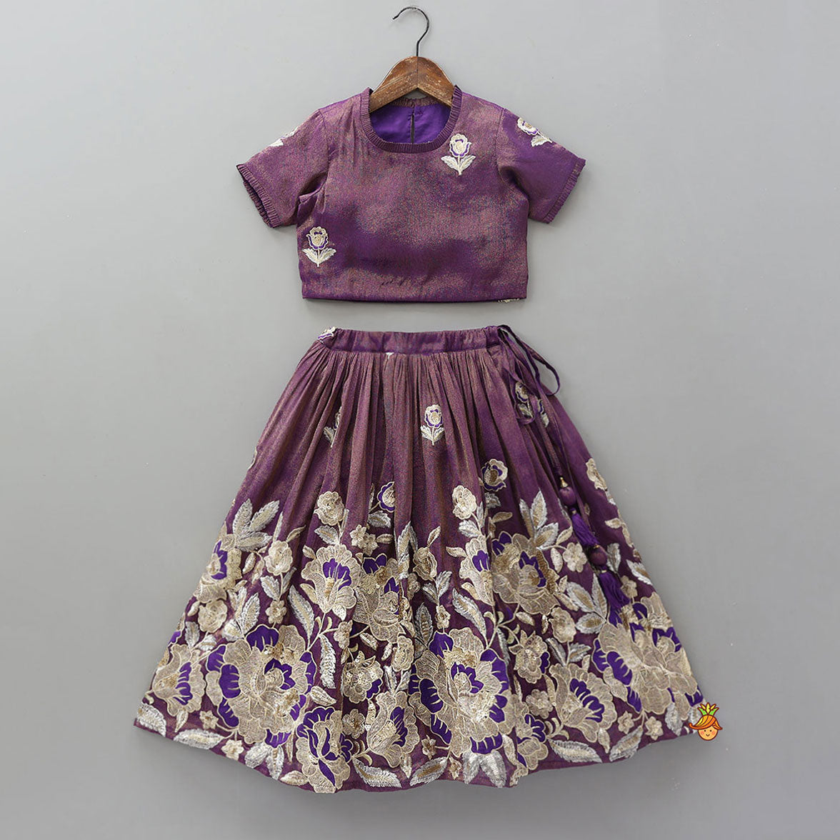 Intricately Floral-Embroidered Shimmery Top And Lehenga