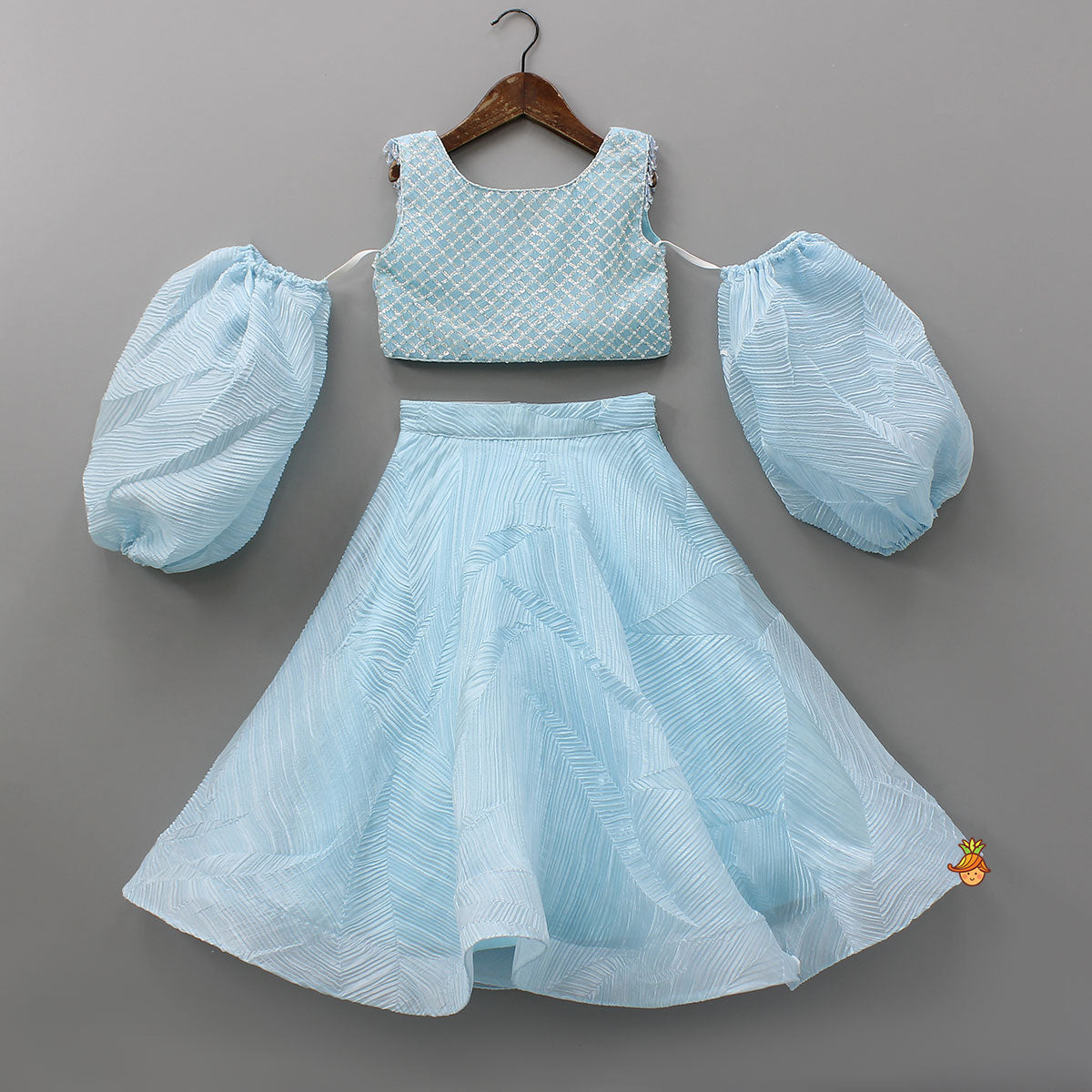 Checks Embroidered Top And Lehenga With Detachable Balloon Sleeves