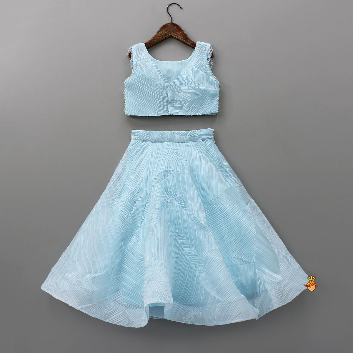 Checks Embroidered Top And Lehenga With Detachable Balloon Sleeves