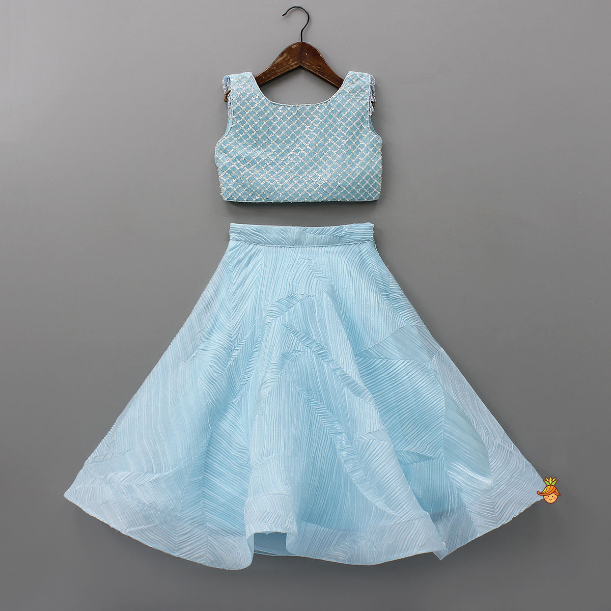 Checks Embroidered Top And Lehenga With Detachable Balloon Sleeves