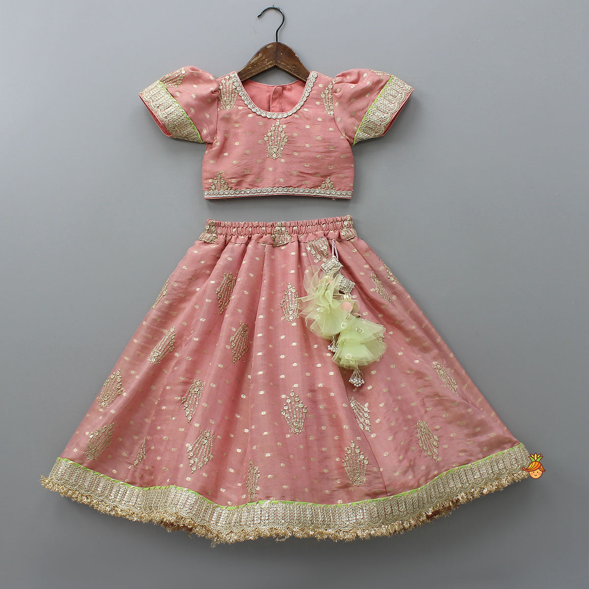 Stunning Booti Work Top With Lehenga And Contrasting Net Dupatta