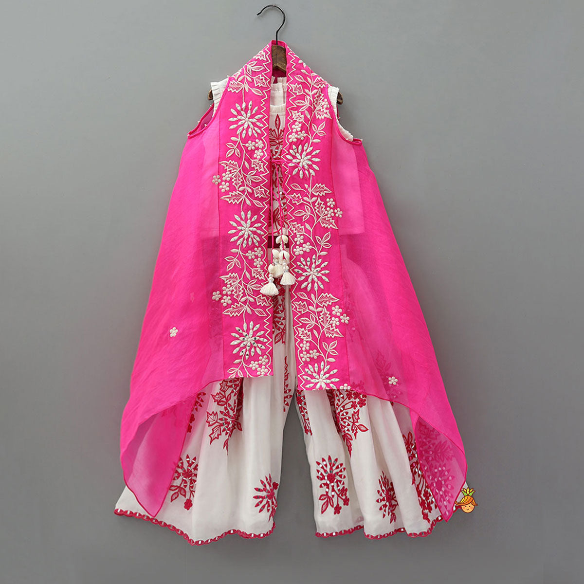 Pleated-Neckline Cape Top And Mirror-Work Palazzo