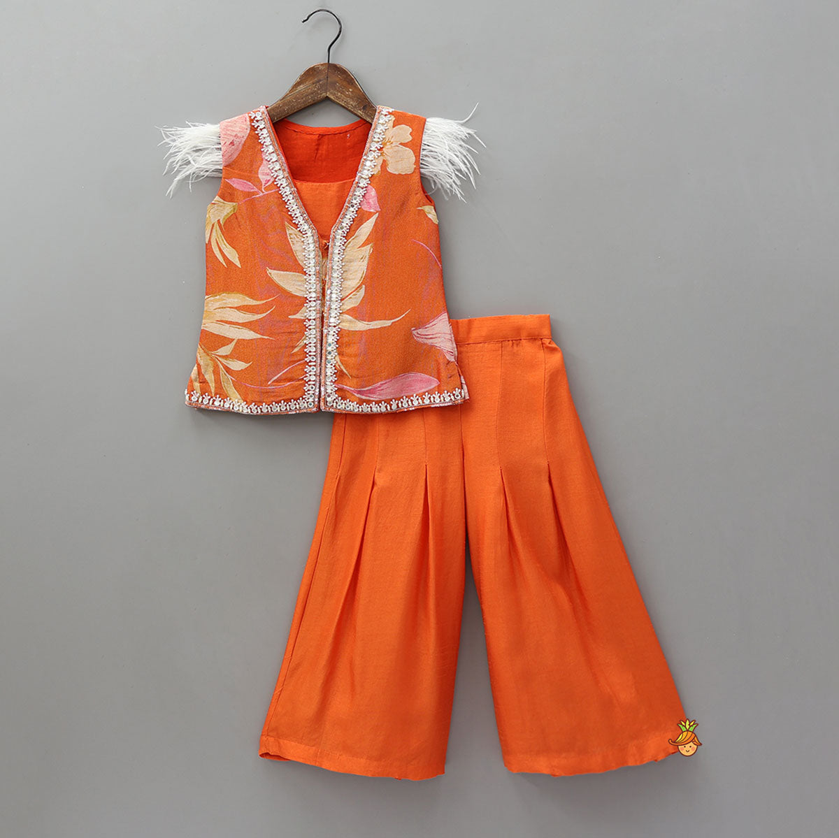 Strappy Top With Printed Shimmery Jacket And Palazzo