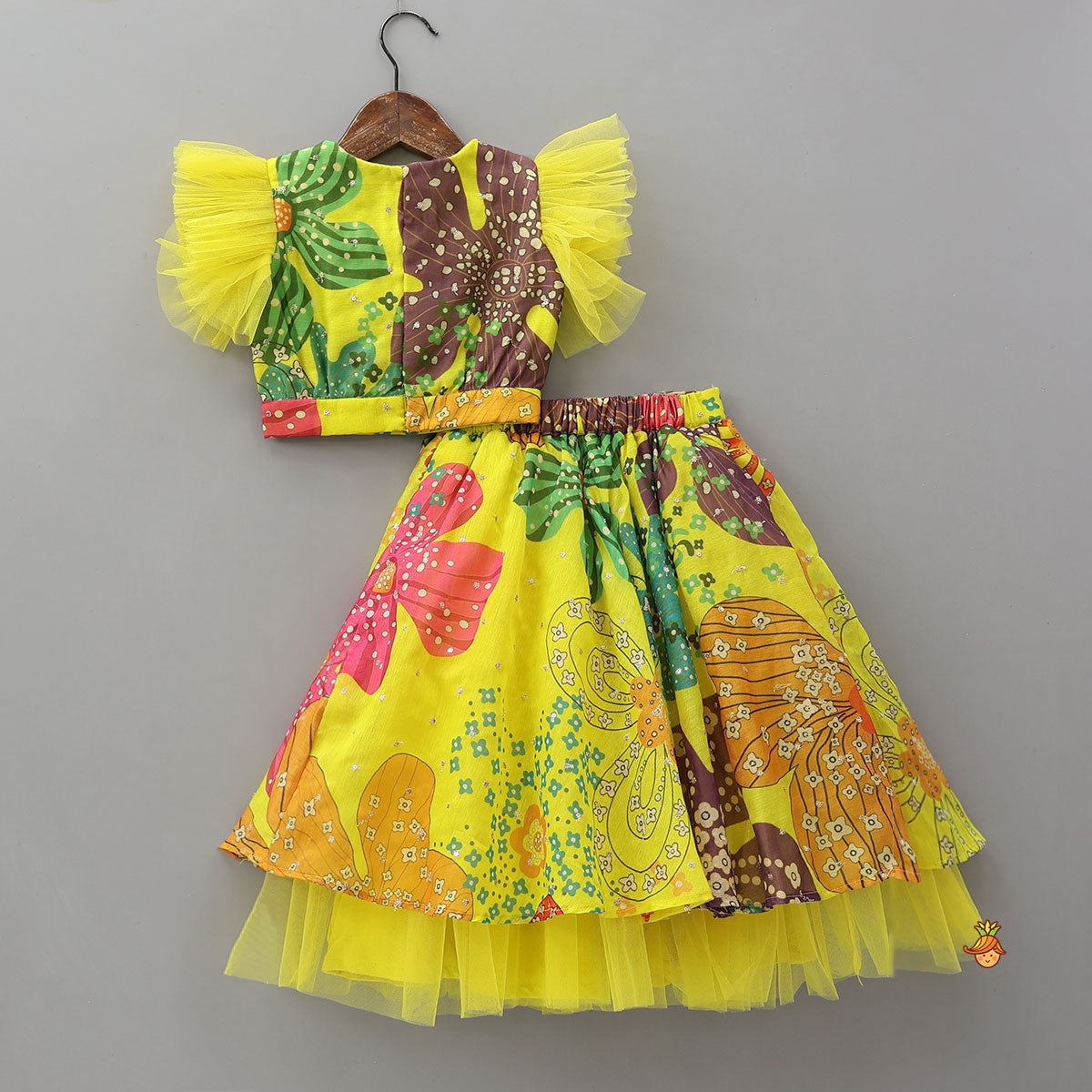 Multicolour Printed Net Detailed Top With Layered Matching Lehenga