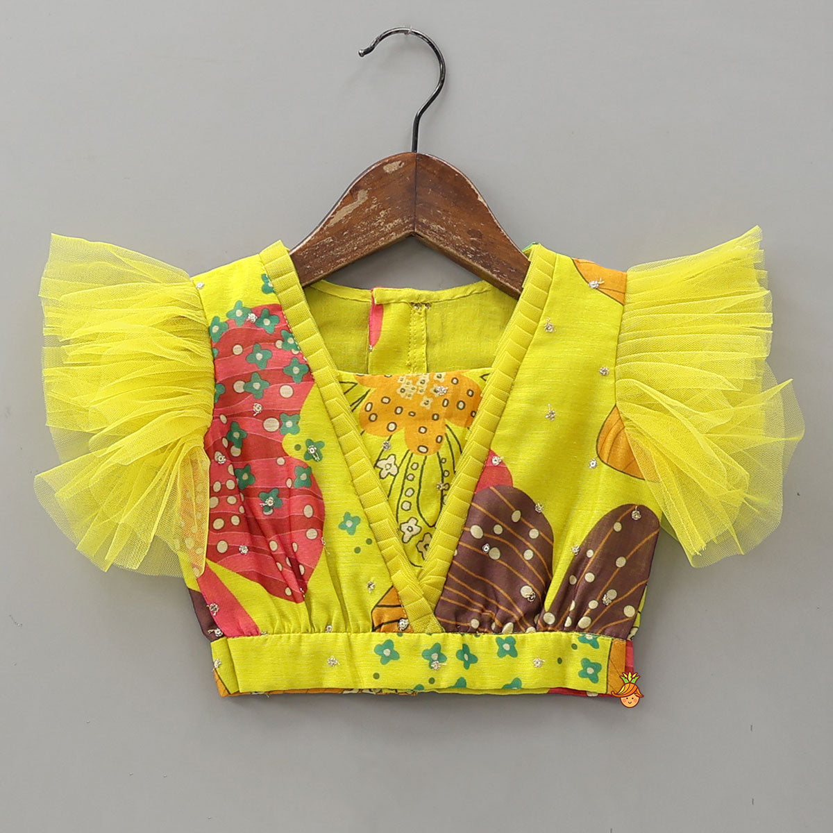 Multicolour Printed Net Detailed Top With Layered Matching Lehenga