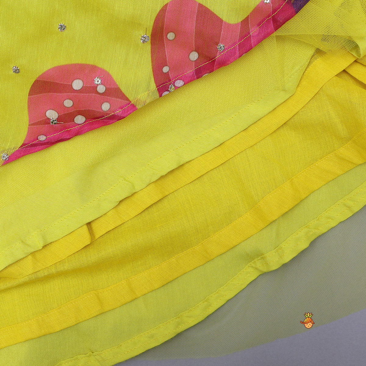 Multicolour Printed Net Detailed Top With Layered Matching Lehenga