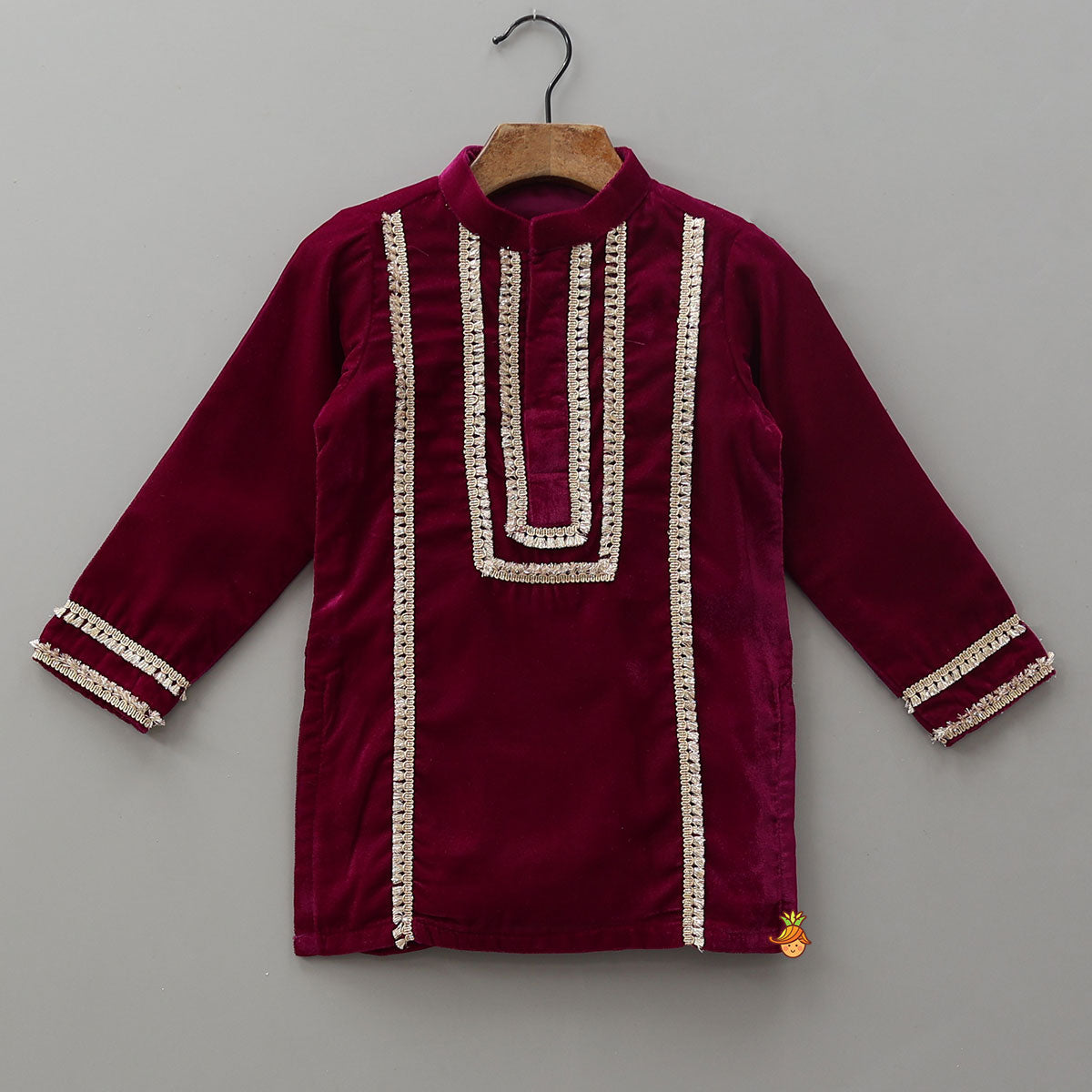 Fringed Lace-Detailed Velvet Kurta With Pyjama