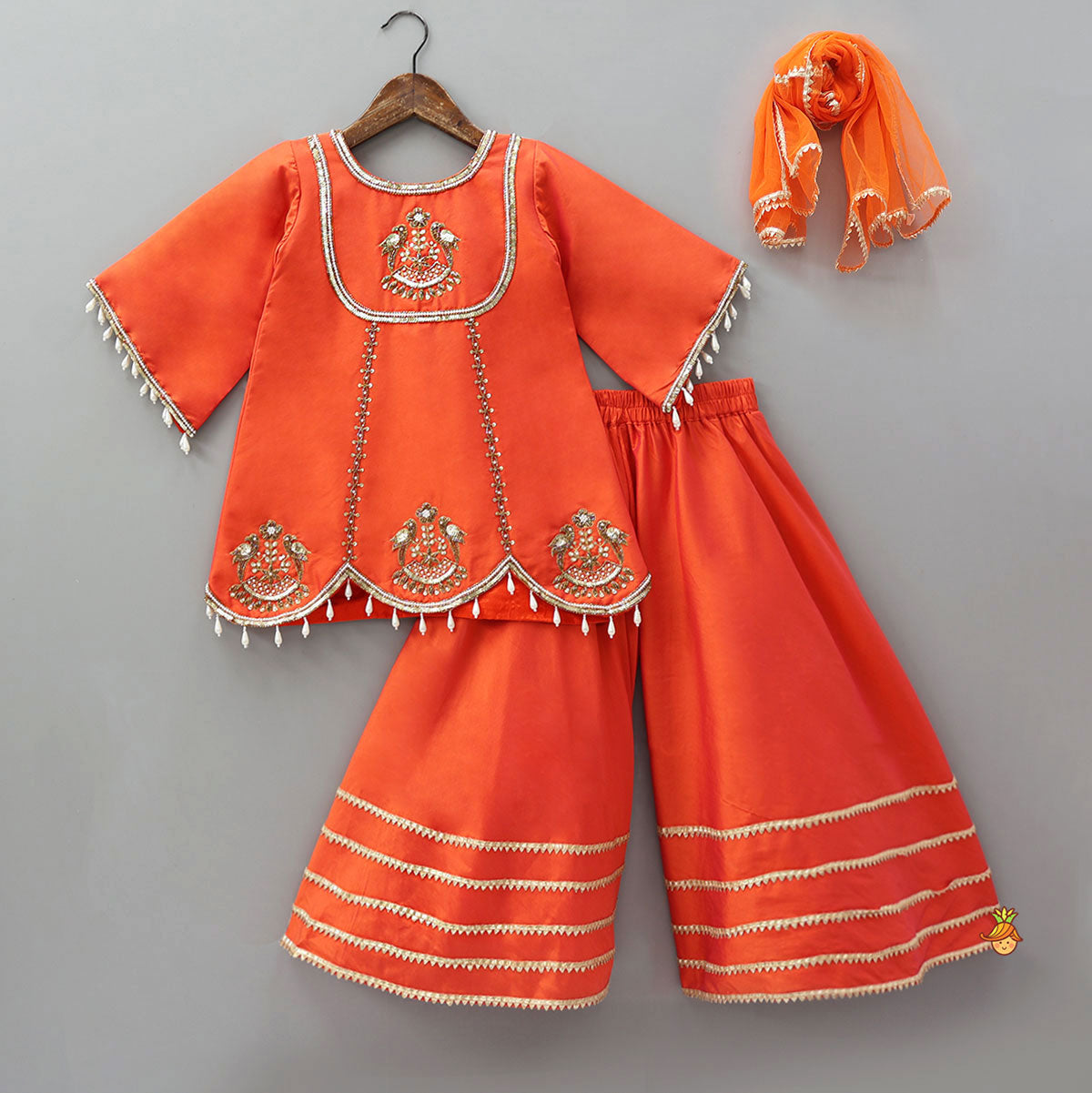 Scalloped Hem Kurti And Palazzo With Matching Dupatta