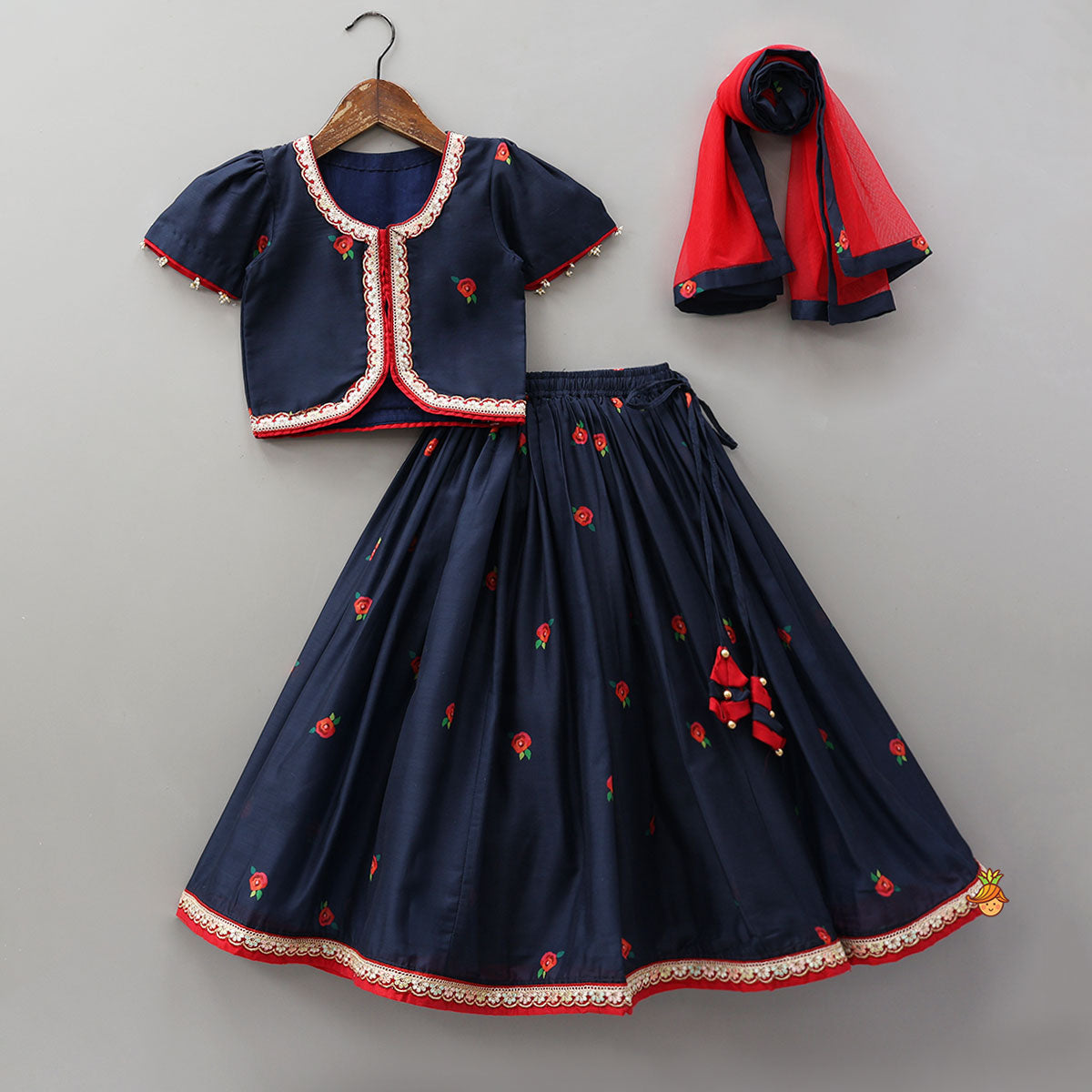 Floral Printed Round Neck Top And Lehenga With Contrasting Dupatta