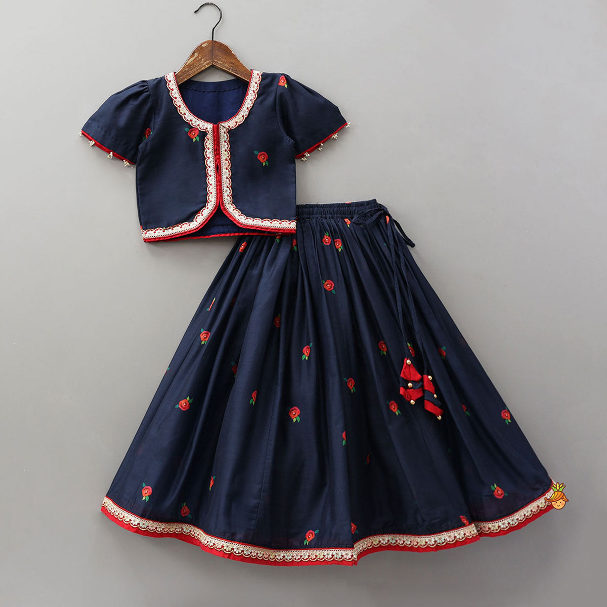 Floral Printed Round Neck Top And Lehenga With Contrasting Dupatta