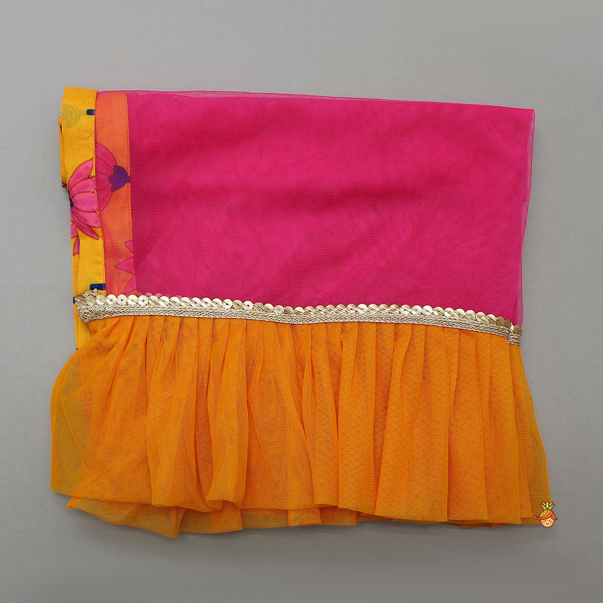 Elegant Floral Printed Kurti And Pant With Ruffle Dual-Tone Dupatta