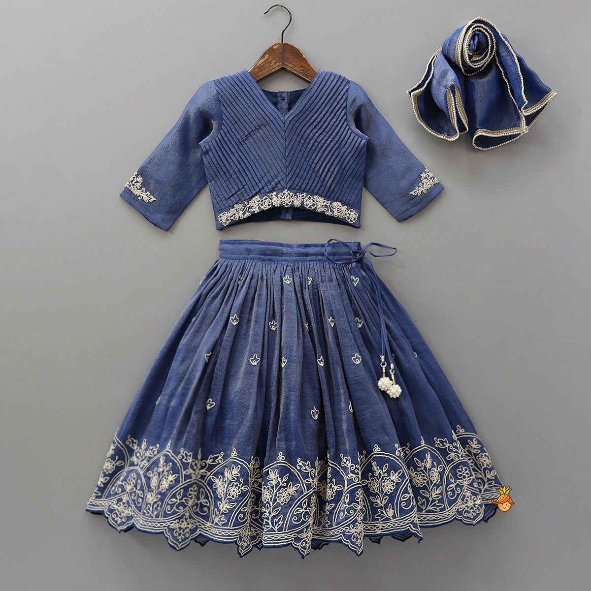 Shimmery Pleated Top And Lehenga With Matching Dupatta