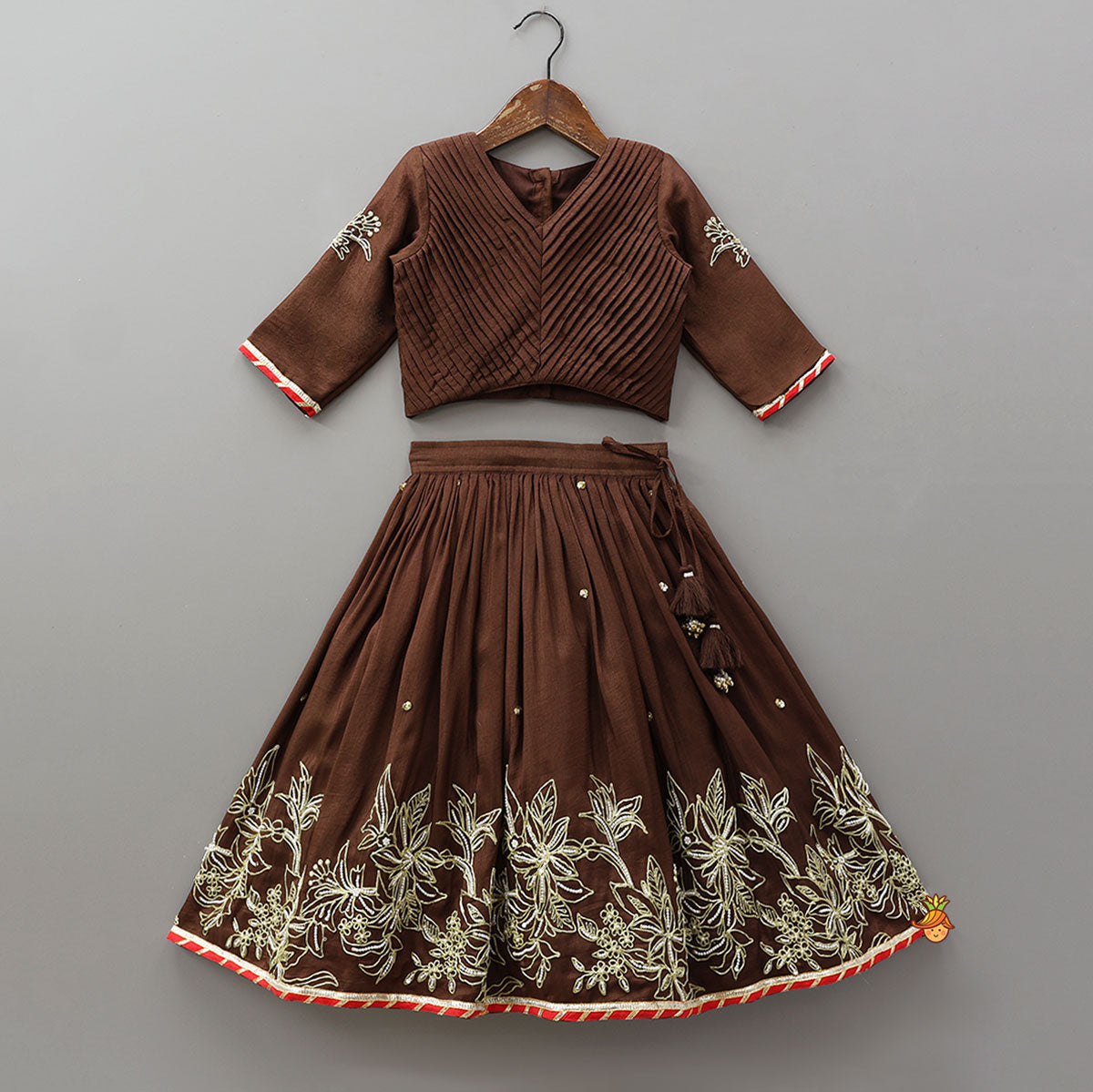 Pleated Top And Lehenga With Contrasting Dupatta