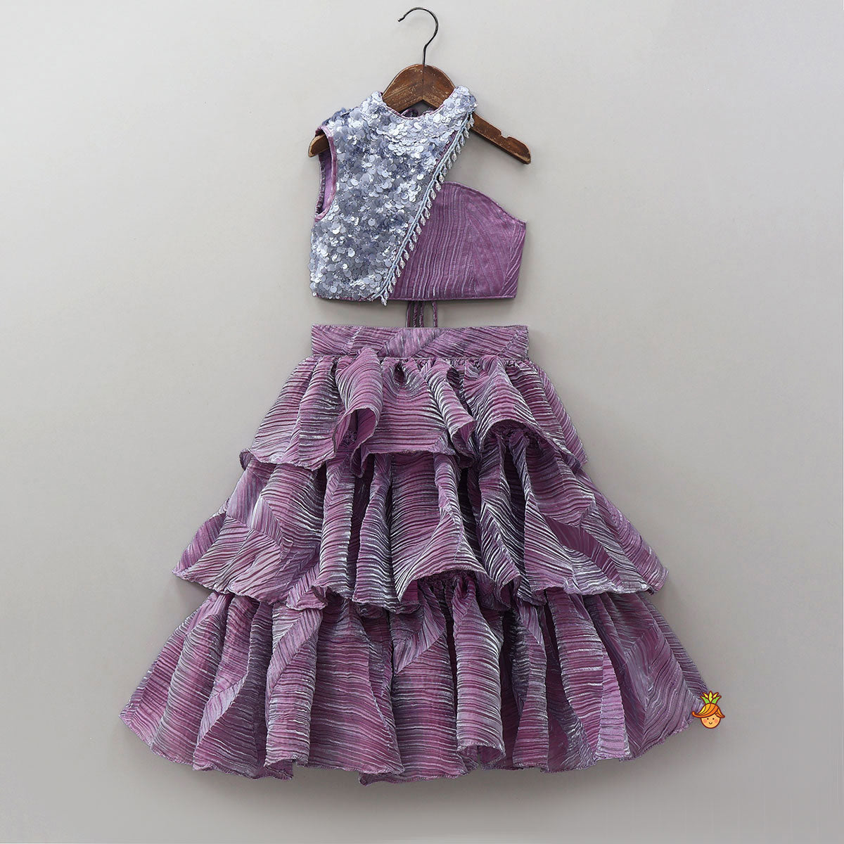 Beautiful Sequin One Shoulder Top With Crushed Layered Sheen Lehenga