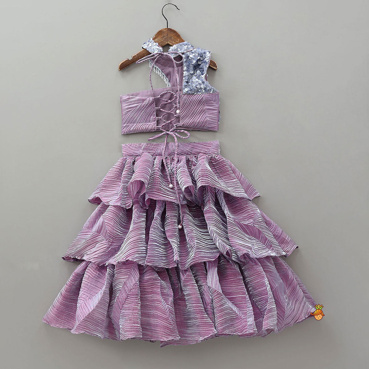 Beautiful Sequin One Shoulder Top With Crushed Layered Sheen Lehenga