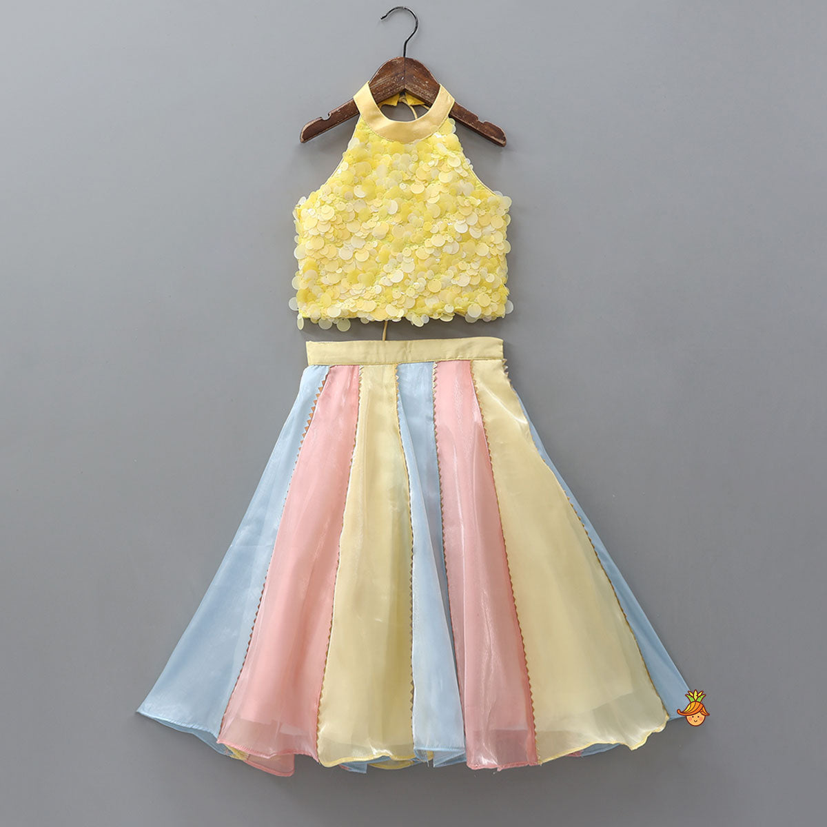 Adorable Sequined Halter Neck Top And Multicolour Shiny Lehenga